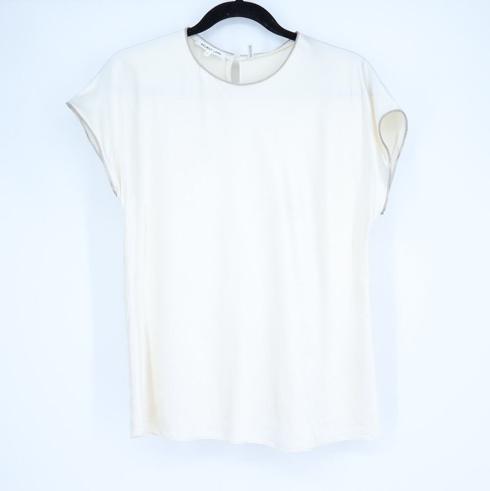 HELMUT LANG Zippered Trim Silk Blouse Ivory Short Cap Sleeve Women's L